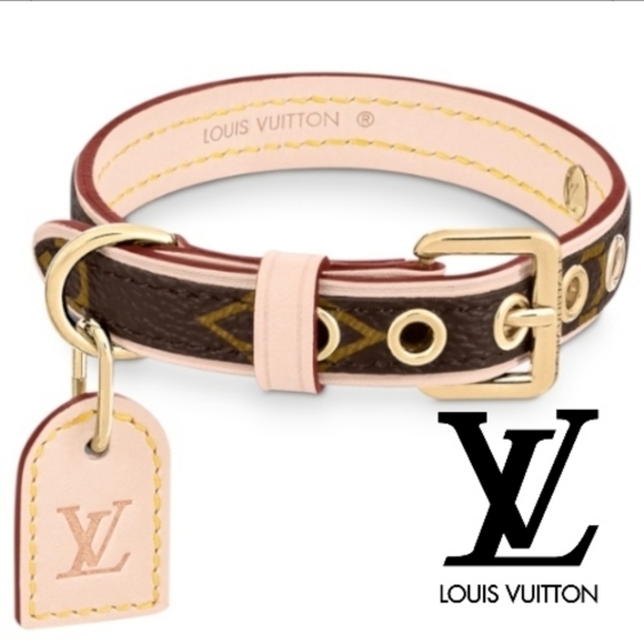 LOUIS VUITTON Brown Gold LV Monogram Canvas Baxter Tag 18" Dog Choker Collar NIB - Picture 15 of 16